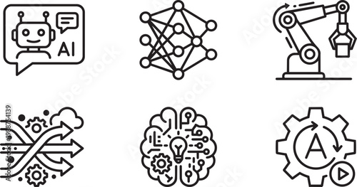 Artificial intelligence and machine learning line icons set for advanced technology concepts