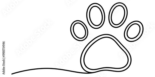 Minimalist continuous line drawing of a dog or cat paw print on a white background. Vector, illustration