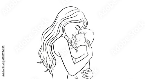 A minimalist line art illustration of a mother tenderly holding and kissing her baby