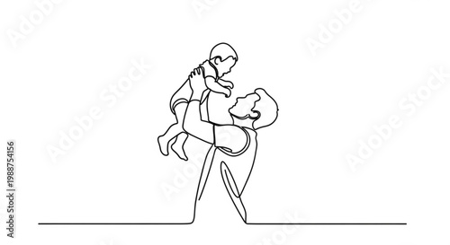 A minimalist line art illustration of a man holding a child in his arms.