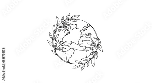 A minimalist vector illustration of the Earth surrounded by leaves on a white background