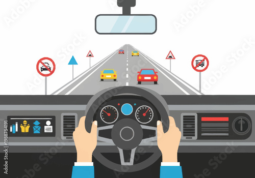 Hands on steering wheel driving.