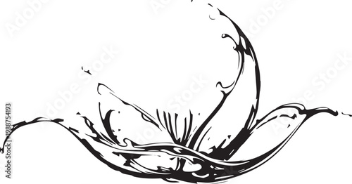 Abstract swirling ink splash, dynamic liquid form, fluid motion, creative artistic design, black and white brush strokes