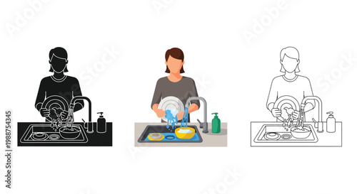 Woman washing dirty dishes at the kitchen sink in a simple flat vector graphic style illustration