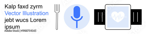 Technology, health monitoring, audio recording, wearable devices, food tracking, innovation. Circular microphone icon, fork and smartwatch with heartbeat image. Health monitoring and technology