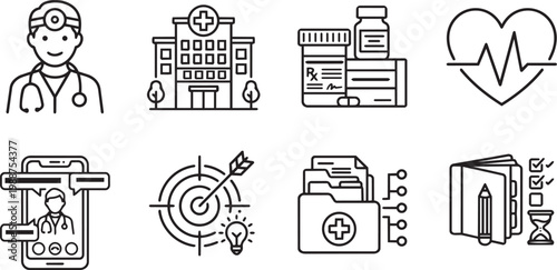 Healthcare and medical technology icons featuring telemedicine hospital and professional doctor
