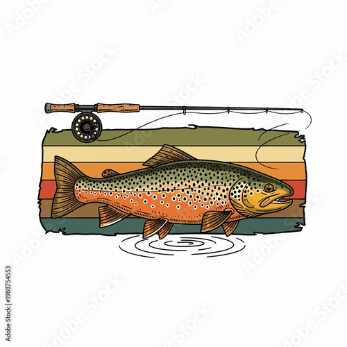 fly fishing illustration featuring a brown trout and rod over a retro sunset background