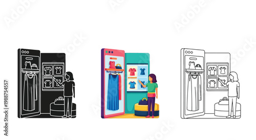 Woman choosing clothes using a mobile application interface as a modern digital vector graphic design illustration