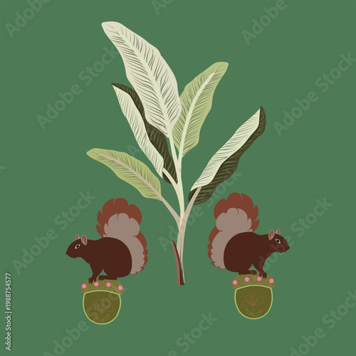 Vintage Squirrel and Botanical Illustration with Acorns on Green Background