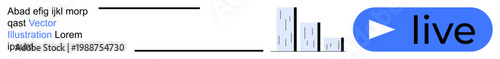 Media broadcasting, digital analytics, streaming content, data monitoring, online video, real-time communication. Play button with bar chart elements. Media broadcasting and digital analytics concept