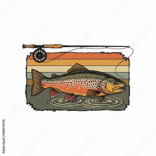 fly fishing illustration featuring a brown trout and rod over a retro sunset background