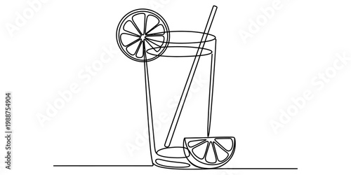 Continuous line drawing of a refreshing glass of lemonade with a straw and lemon slices Vector, illustration