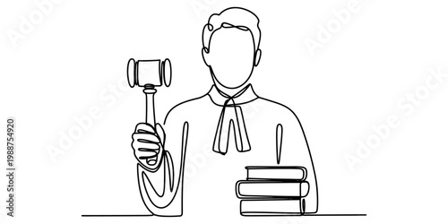 A continuous line drawing of a judge holding a gavel and standing behind a stack of law books Vector, illustration