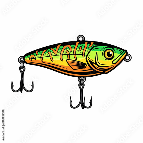 Illustration of a colorful fishing lure with hooks for predator game fish bait design