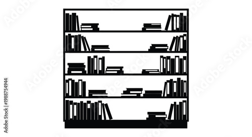 A black silhouette of a fully stocked bookshelf with various books displayed