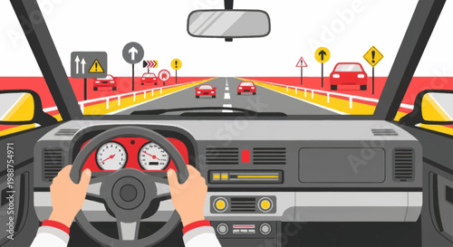 Hands on steering wheel driving.