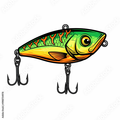 Illustration of a colorful fishing lure with hooks for predator game fish bait design
