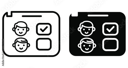User selection list icon with human faces and checkmarks representing voting choice survey participation or attendance tracking in outline and solid styles