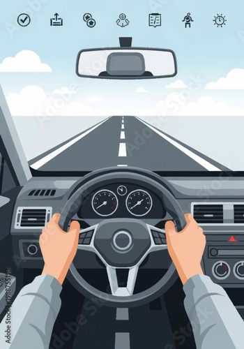 Hands on steering wheel driving.