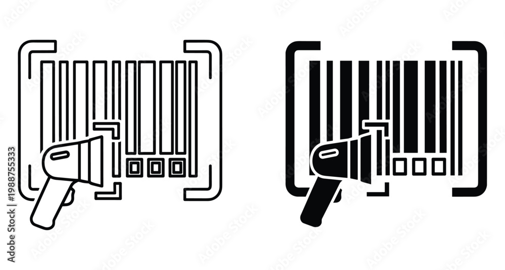 Obraz premium Barcode scanner icon set showing handheld laser reader scanning product code lines for retail inventory management and logistics tracking systems