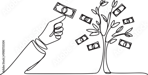 Single continuous line drawing hand pick up dollar banknote from money tree. Hand of businessman who pours money tree. Concept of earnings, success in work, money.one line drawing vector illustration
