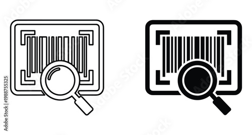 Barcode scanning icon set with magnifying glass for inventory management retail checkout product identification data verification and logistics tracking system