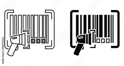 Barcode scanner icon set showing handheld laser reader scanning product code lines for retail inventory management and logistics tracking systems