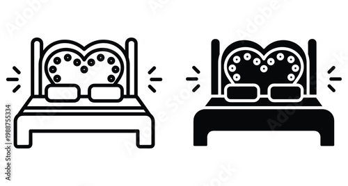 Bed icon set with heart shaped headboard and pillows for bedroom furniture design romantic hotel suite and honeymoon accommodation symbols