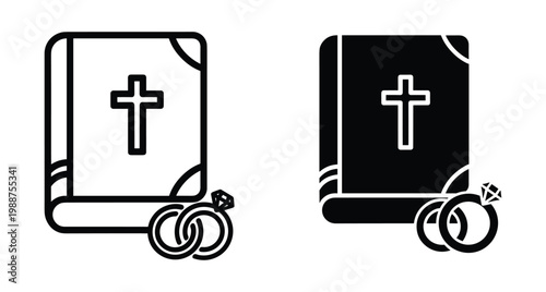 Holy bible book with christian cross and wedding rings icon set in outline and solid style for marriage ceremony church religious event