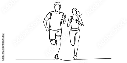 Continuous line drawing of a young man and woman running together in sportswear. Vector, illustration