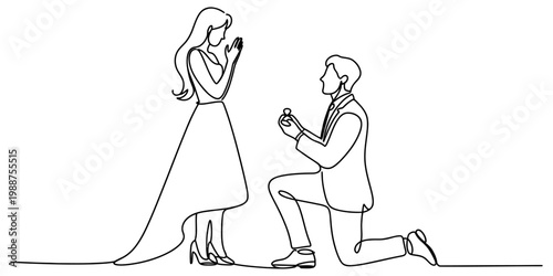 Continuous line drawing of a romantic man kneeling down proposing to a woman with a ring. Vector, illustration