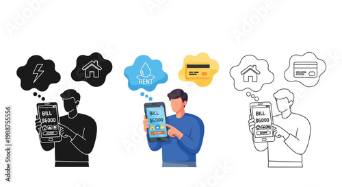 Man using mobile phone application to manage household utility bills in this modern vector graphic illustration