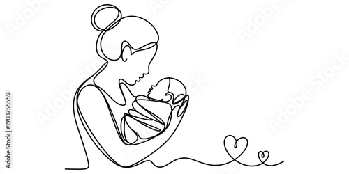 Minimalist continuous line drawing of a mother lovingly holding her swaddled newborn baby. Vector, illustration