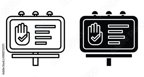 Billboard icon set featuring hand with checkmark for approval and marketing message display for outdoor advertising and business communication signage