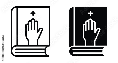 Swearing on holy bible icon set representing legal oath taking in court for truth justice testimony promise and religious commitment