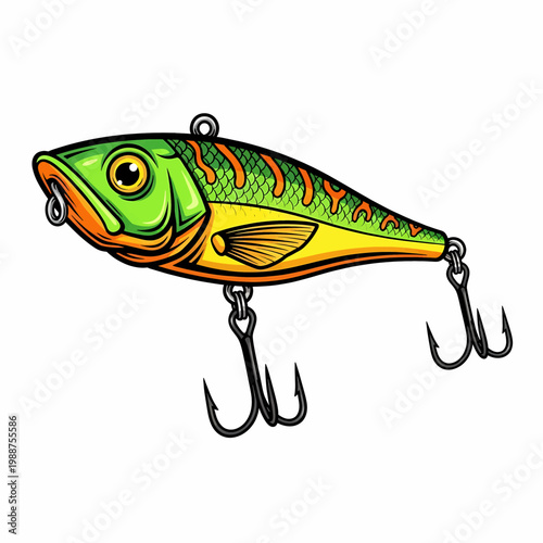 Illustration of a colorful fishing lure with hooks for predator game fish bait design