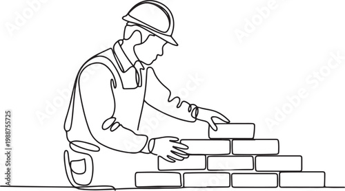 Continuous one line art of repairman building brick wall. Construction worker in uniform and helmet doing work.one line drawing vector illustration