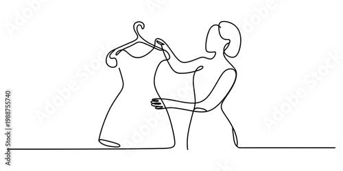 Continuous line drawing of a woman holding a dress on a hanger representing fashion and style. Vector, illustration