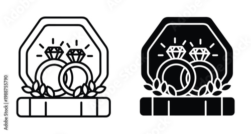 Wedding rings in jewelry box icon set with diamond engagement bands for marriage proposal celebration and bridal ceremony graphic design