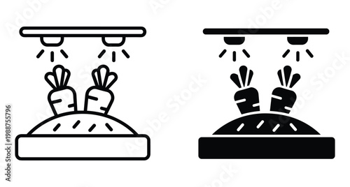 Smart indoor farming icon set showing carrots growing under artificial LED grow lights for modern agriculture and sustainable food production technology