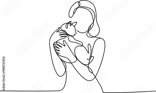 Continuous one line woman holds cat on outstretched arms.one line drawing vector illustration