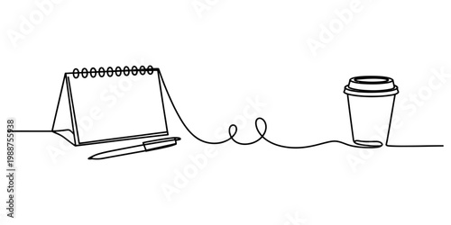One line drawing of a desk calendar with a pen and a coffee cup on white background Vector, illustration