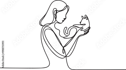 Continuous one line woman holds cat on outstretched arms.one line drawing vector illustration
