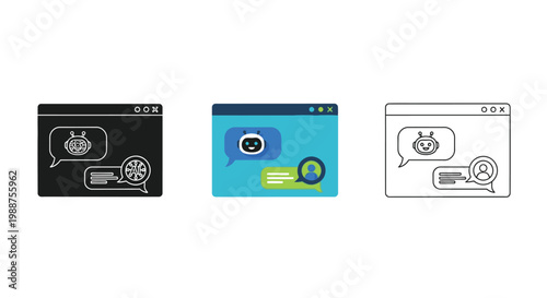 Vector graphic illustration of a chatbot conversation interface within a web browser window with user interaction.