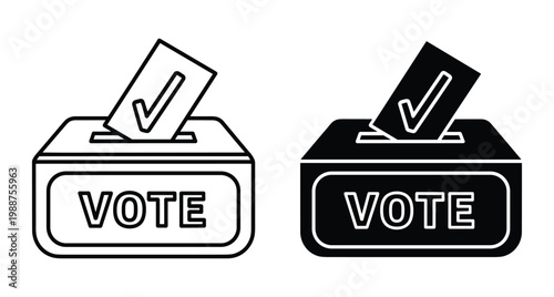Ballot box icon set showing paper with checkmark being inserted into slot for election voting democracy and political choice