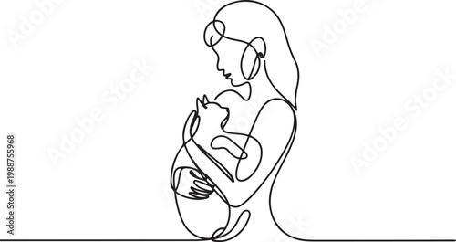 Continuous one line woman holds cat on outstretched arms.one line drawing vector illustration