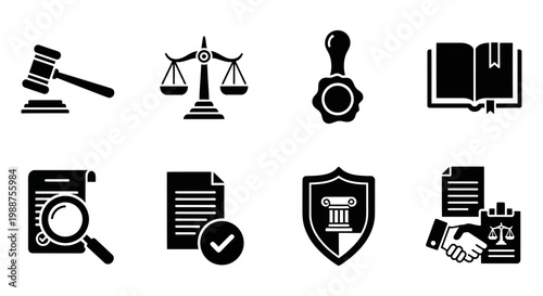 Law, justice, and legal icons set, 8 black vector symbols