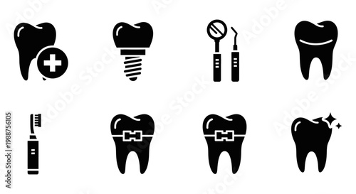 Dental icons, teeth symbols, orthodontic signs, oral care illustrations, black vector graphics