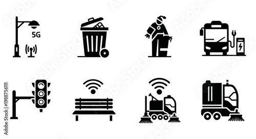 City Infrastructure Icons, Urban Planning Symbols, 8 Black Vector Graphics, Transportation and Technology Logos