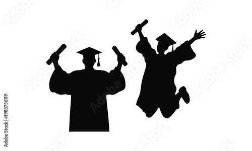 Graduation, university, academic, achievement, silhouette icons, graduation caps, diplomas